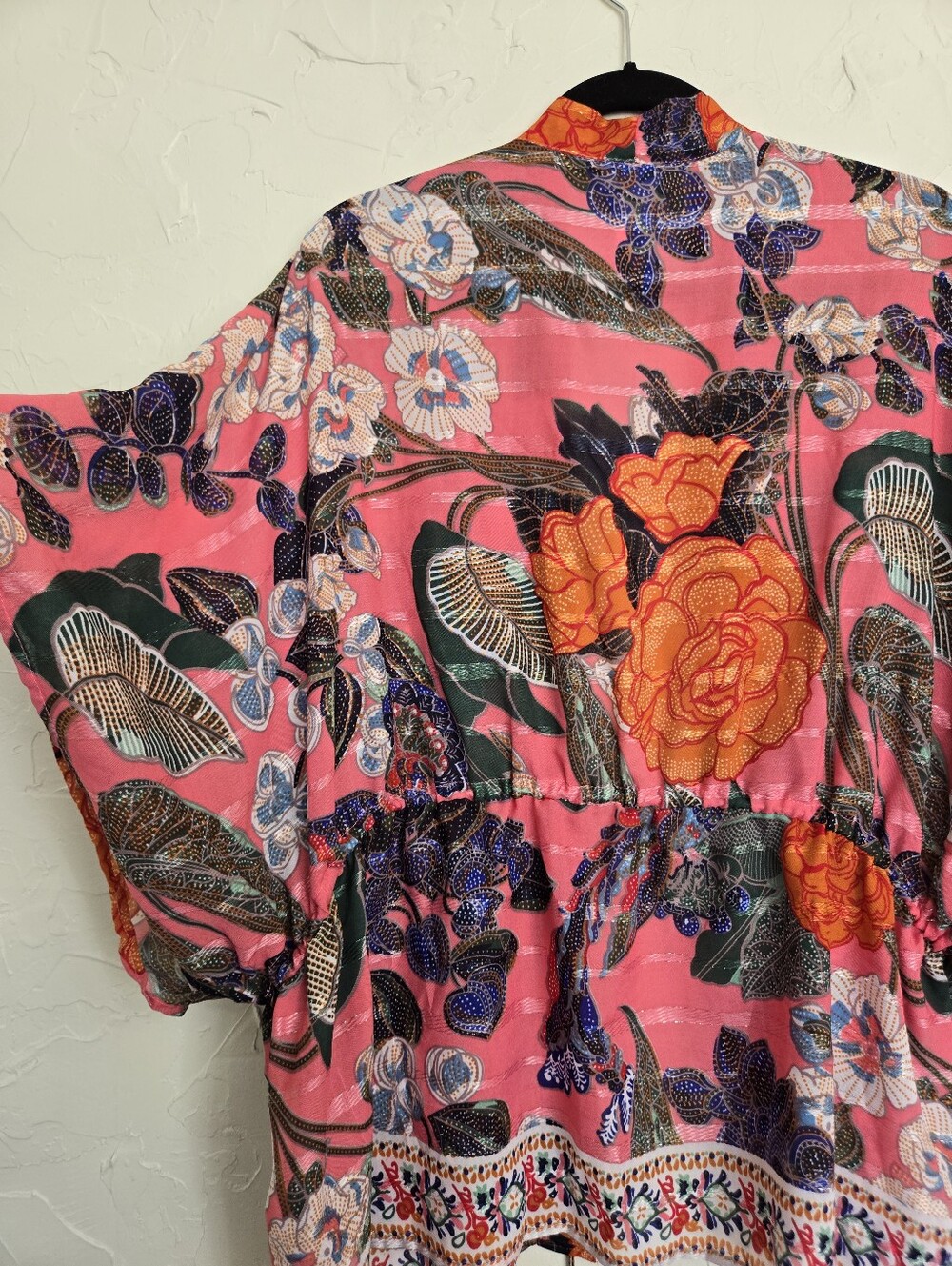 Free People Metallic Stripe Floral Drawstring Waist Pink Orange Kimono Top, OS - Picture 8 of 11